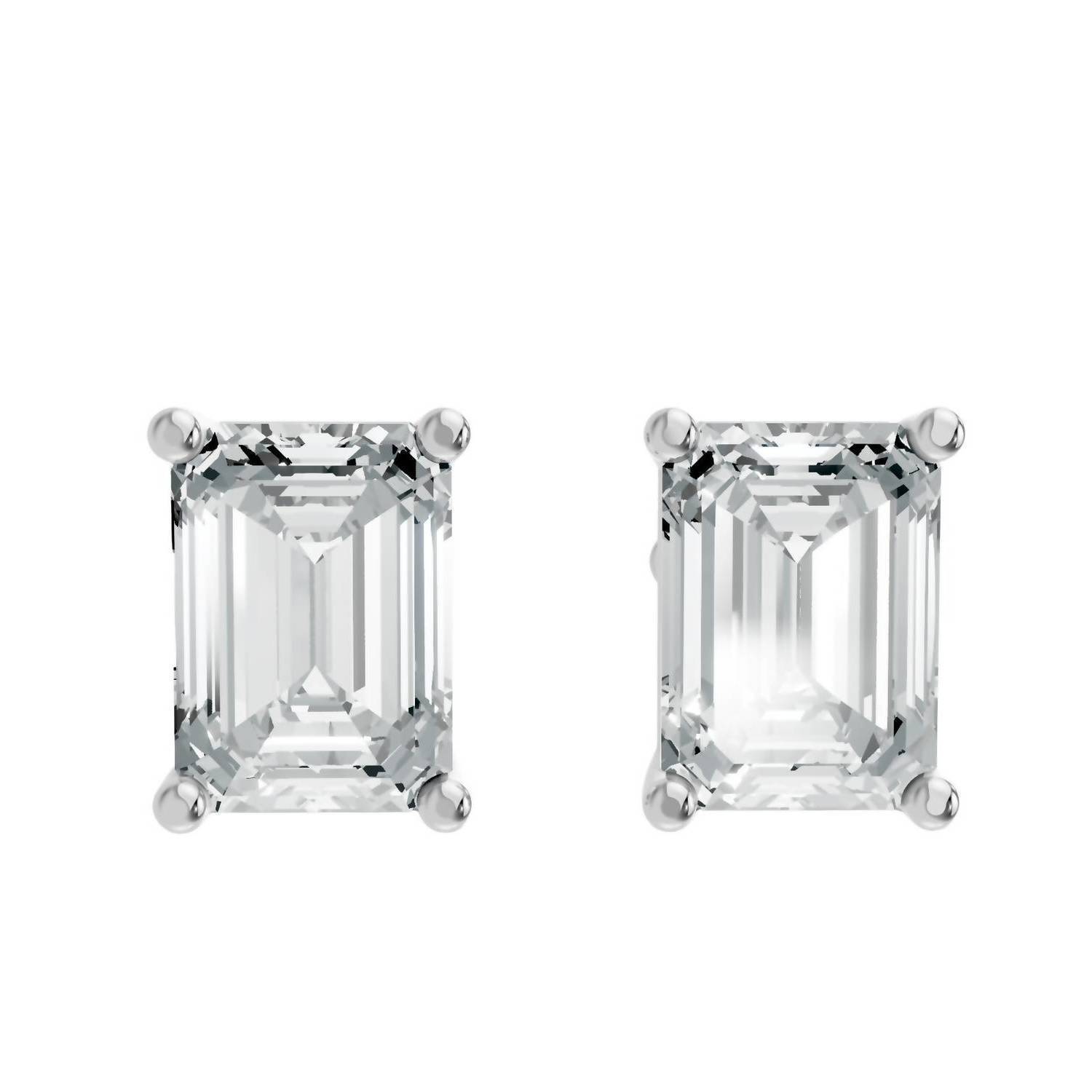 New Aamiaa Women's Emerald Shape 4 Prong Push Back Studs In Rhodium Plated Sterl